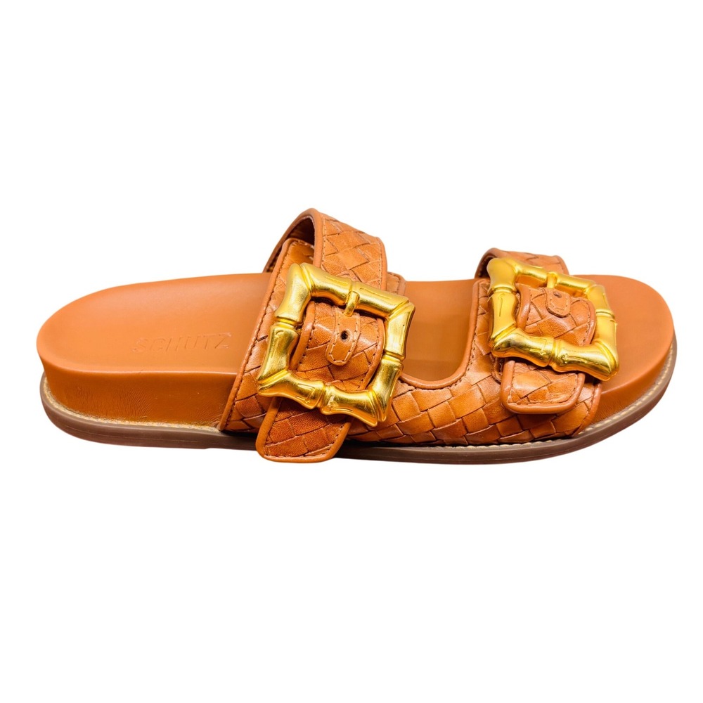 Schutz Woven Leather Slides Gold Bamboo Buckle Cognac Brown Sandals 8.5B